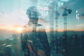 Civil engineer inspecting siteconstruction project (realistic, double exposure) building site