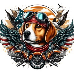 A dog design drawing graphic wearing goggles and a bandana with wings and birds optimized Artistic professional.