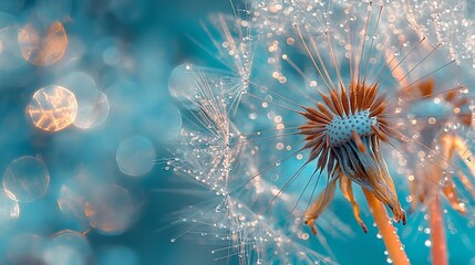 
Dew-covered dandelion seeds shimmering in the light, on a tranquil blue and turquoise background, captured in high-definition macro.