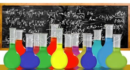 A row of glass flasks filled with colorful solutions stand against a blackboard covered in complex...