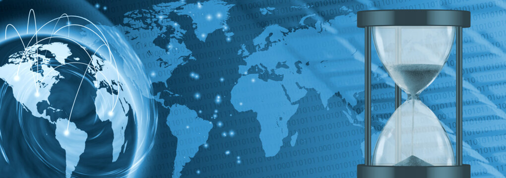 A stylized image featuring a world map and an hourglass, representing the interconnectedness of global time. - Powered by Adobe