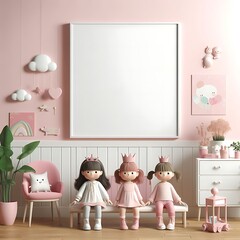 A group of dolls sitting on a bench in a pink room highquality Vibrant creative eyecatching.