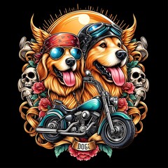 A dog design drawing graphic with sunglasses and a motorcycle eyecatching realistic engaging realistic Illustrative.