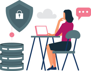 Girl is using laptop to protect server.