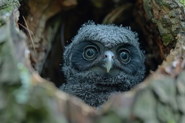 A fluffy baby owl peeking out from a tree hollow, with large, round eyes. The background shows the trunk of an old tree with moss 