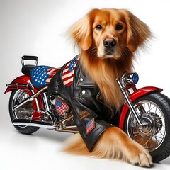 A dog design graphic wearing a leather jacket and sitting on a motorcycle Art creative.