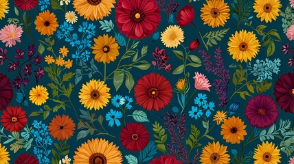 Colorful flowers and branches seamless pattern, for gift packing paper, web banner background.