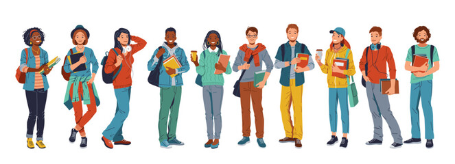 A diverse group of students standing in a row against a white background. Different races, ethnicities, clothing. Smiling, holding books, backpacks, ready for school. Isolated on white background