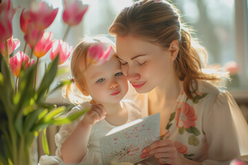 Obraz premium Woman reading Mother's Day card and kissing daughter.