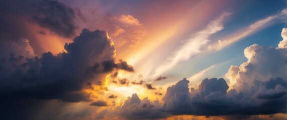 Fototapeta premium Dramatic sunset sky with vibrant hues of orange, yellow, and purple, creating a stunning, tranquil atmosphere perfect for nature and relaxation concepts