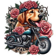 A dog design graphic with flowers on head and motorcycle Art vector.