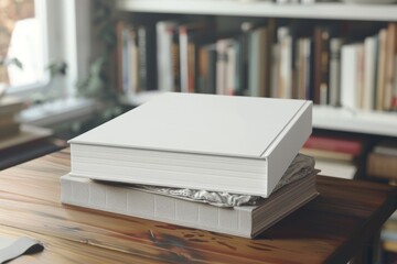 Realistic mockup of a blank book cover resting on top of a stack of books, suitable for showcasing book cover designs or promoting reading and education