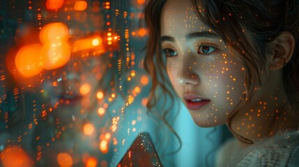 A professional Japanese woman smiles confidently, positioned against a backdrop of code and digital data. In the background behind glass walls adorned with holographic images.