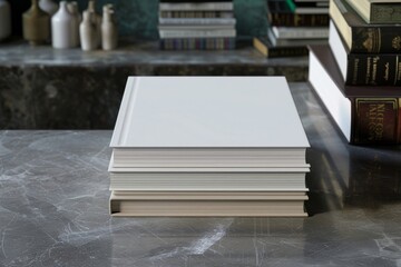 Realistic mockup of a blank book cover resting on top of a stack of books, suitable for showcasing book cover designs or promoting reading and education