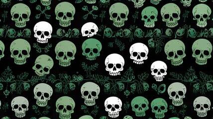 Obraz premium Cute spooky skulls illustration pattern on green black, Halloween seamless pattern design.