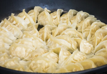 Fried dumplings on frying pan. Traditional food