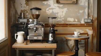 chic home caf?(C) corner with an espresso machine, vintage coffee grinder, and small bistro table for cozy morning brews