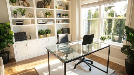chic home office with a glass desk, minimalist shelving, and plenty of natural light to boost productivity