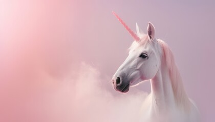 Majestic white unicorn in a dreamy, pastel-colored mist with a pink horn, perfect for fantasy themes and magical concepts.