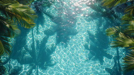 Abstract Summer Concept Background with Palm Leaf Shadows on Clear Water Surface in Sunlight, High-Contrast Light Blue and White, Minimalist and Captivating Visual Effect, Hyper-Realistic Nature Style