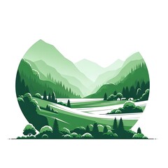 A green landscape with tree design drawing graphics and mountains eyecatching professional realistic accessible.