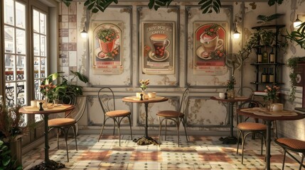 chic Parisian cafe setting in a home kitchen, complete with bistro tables, tiled floors, and French posters