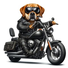 A dog design drawing graphic wearing a leather jacket and sunglasses riding a motorcycle Artistic creative eyecatching highquality.