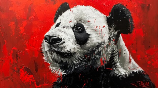 A powerful portrait of a panda with a captivating gaze set against a vibrant red background that evokes emotions and grabs viewer's attention