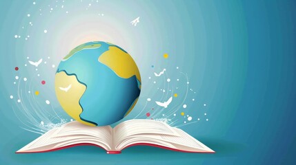 Open Book with Earth Globe and Flying Birds