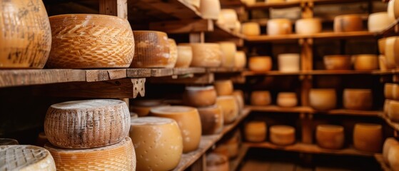 Rows of aged cheese wheels on wooden shelves in a cheese cellar, showcasing artisanal dairy craftsmanship and traditional cheese-making methods.