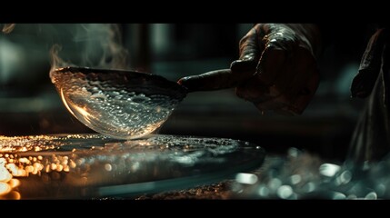 A close-up image of molten glass being shaped by a glassblower, capturing the intricate process and glowing material in a dark workshop setting.
