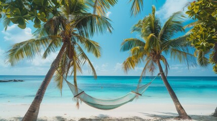 Tropical beach scene with a hammock hanging from palm trees, white sandy shore, clear turquoise water, and blue sky with fluffy clouds.