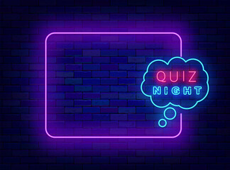Quiz night neon greeting card. Trivia event banner. Empty purple frame and typography. Exam and competition. Glowing poster. Editable stroke. Copy space. Vector stock illustration