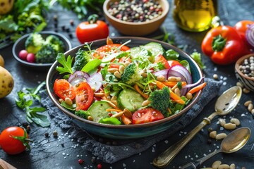 A vibrant salad with fresh vegetables and a homemade dressing