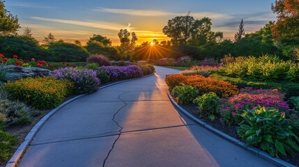 Fototapeta premium A serene pathway winding through a garden oasis, flanked by vibrant flowerbeds and verdant foliage, as the setting sun casts long shadows across the landscape.