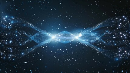 two particles connected by a mysterious, glowing thread of energy across a dark, star-filled background. physics quantum Entanglement Concept.
