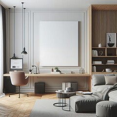 A living room style interior set design there is an poster empty white with a couch and a desk creative engaging professional.