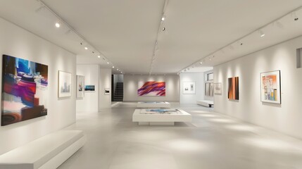 contemporary art gallery at home with stark white walls, spot lighting, and rotating displays of modern artwork