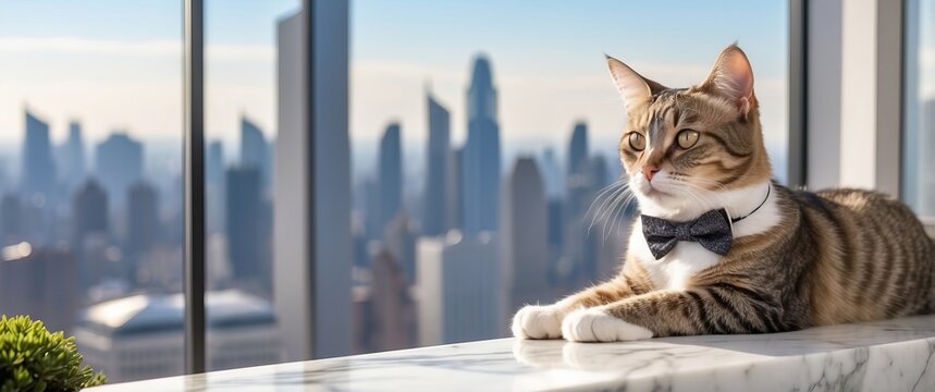 A well dressed cat wearing a bow tie relaxes on a marble surface with a breathtaking cityscape in the background, depicting urban sophistication
