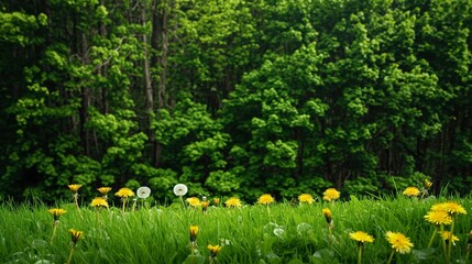 Obraz premium A peaceful spring garden with fresh green grass, bright dandelions in full bloom, and a backdrop of dense, leafy trees.