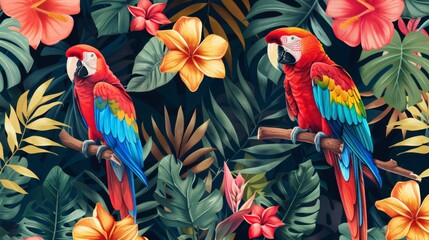 Naklejka premium Tropical Paradise with Two Vivid Macaws