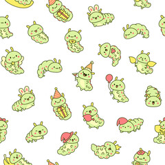 Obraz premium Cute kawaii caterpillar. Seamless pattern. Cartoon little insect characters. Hand drawn style. Vector drawing. Design ornaments.