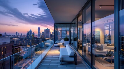 Fototapeta premium contemporary balcony with glass balustrades, sleek outdoor furniture, and a stunning view of the skyline at dusk