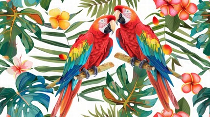 Fototapeta premium Tropical Paradise: Two Macaws Amidst Lush Foliage