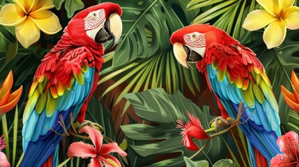 Fototapeta premium Two Macaws Perched Amid Lush Tropical Foliage
