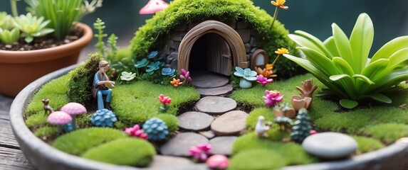 A delightful and whimsical miniature garden in a pot, with moss, succulents, tiny figures, and a fairy tale house, perfect for enchanted décor and creative hobbies