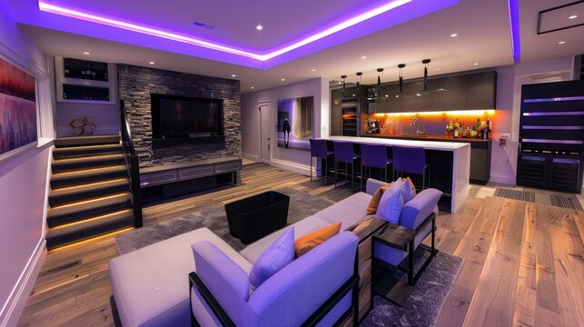 contemporary basement remodel featuring a bar area, lounge seating, and modern lighting for a stylish entertainment space