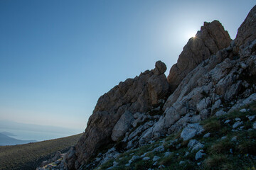 sunrise view on majestic cliffs in high mountains