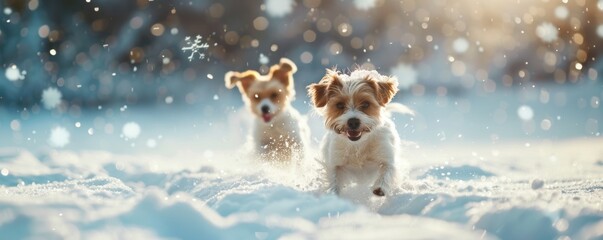 Two playful puppies running through the snow on a sunny winter day, capturing the joy and energy of the season.