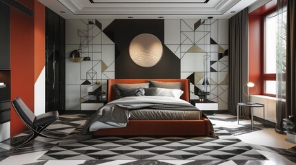 contemporary bedroom with bold, geometric patterns, modern furniture, and striking decor elements adding a touch of drama